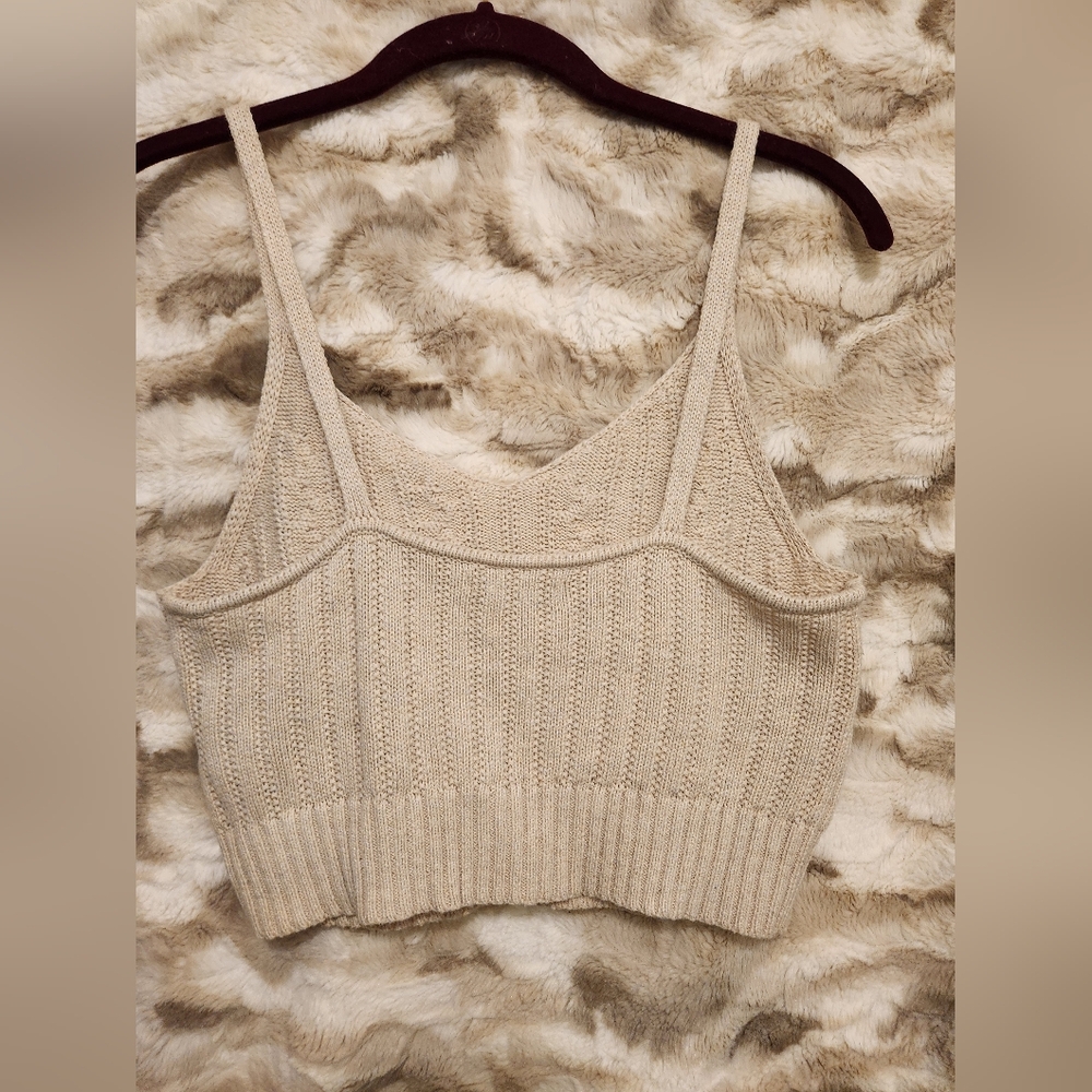 American Eagle Outfitters Cream Ribbed Crop Tank Top, Size S - Picture 4 of 4